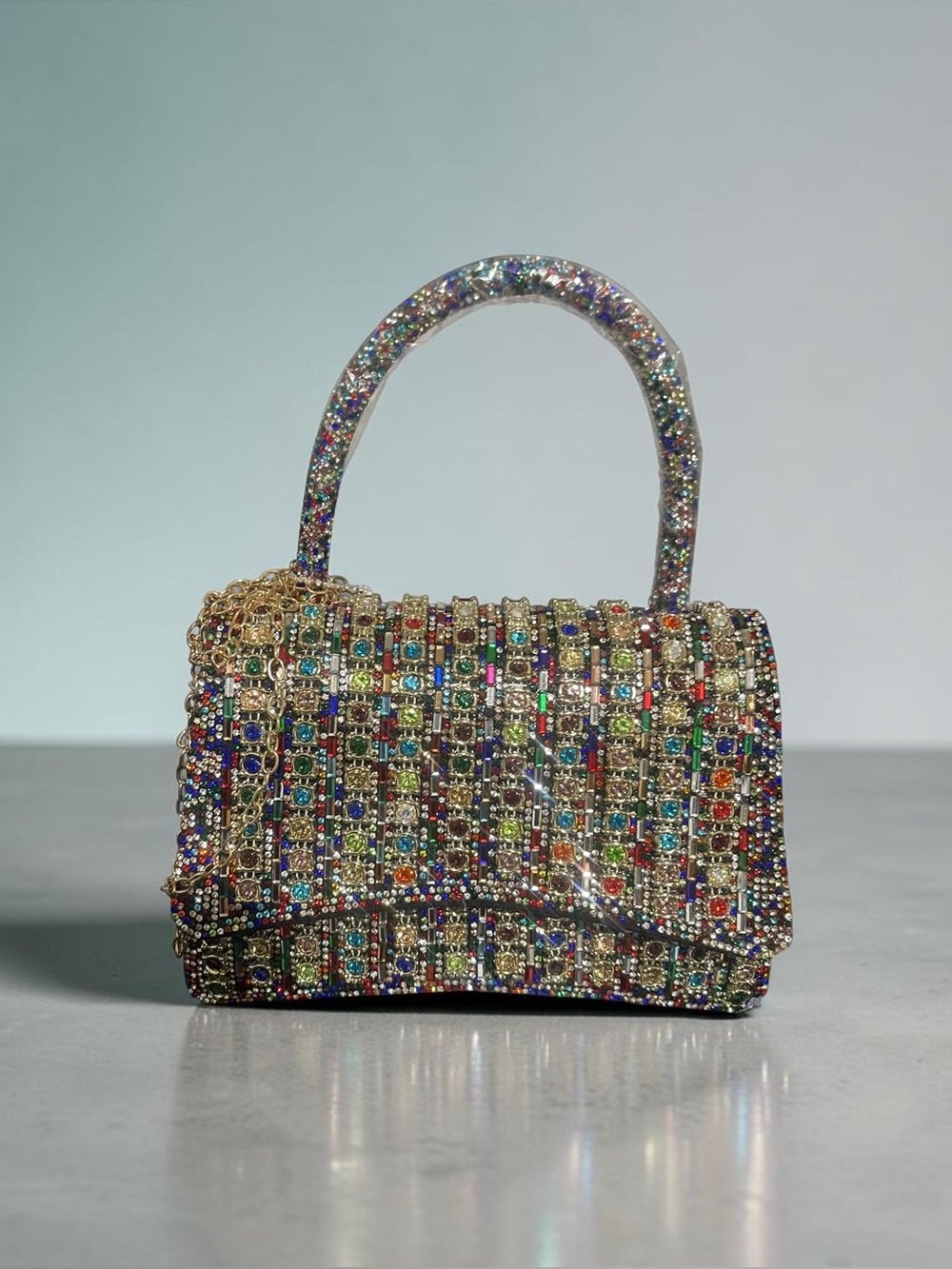 Multicolor Jeweled Top-Handle Evening Bag